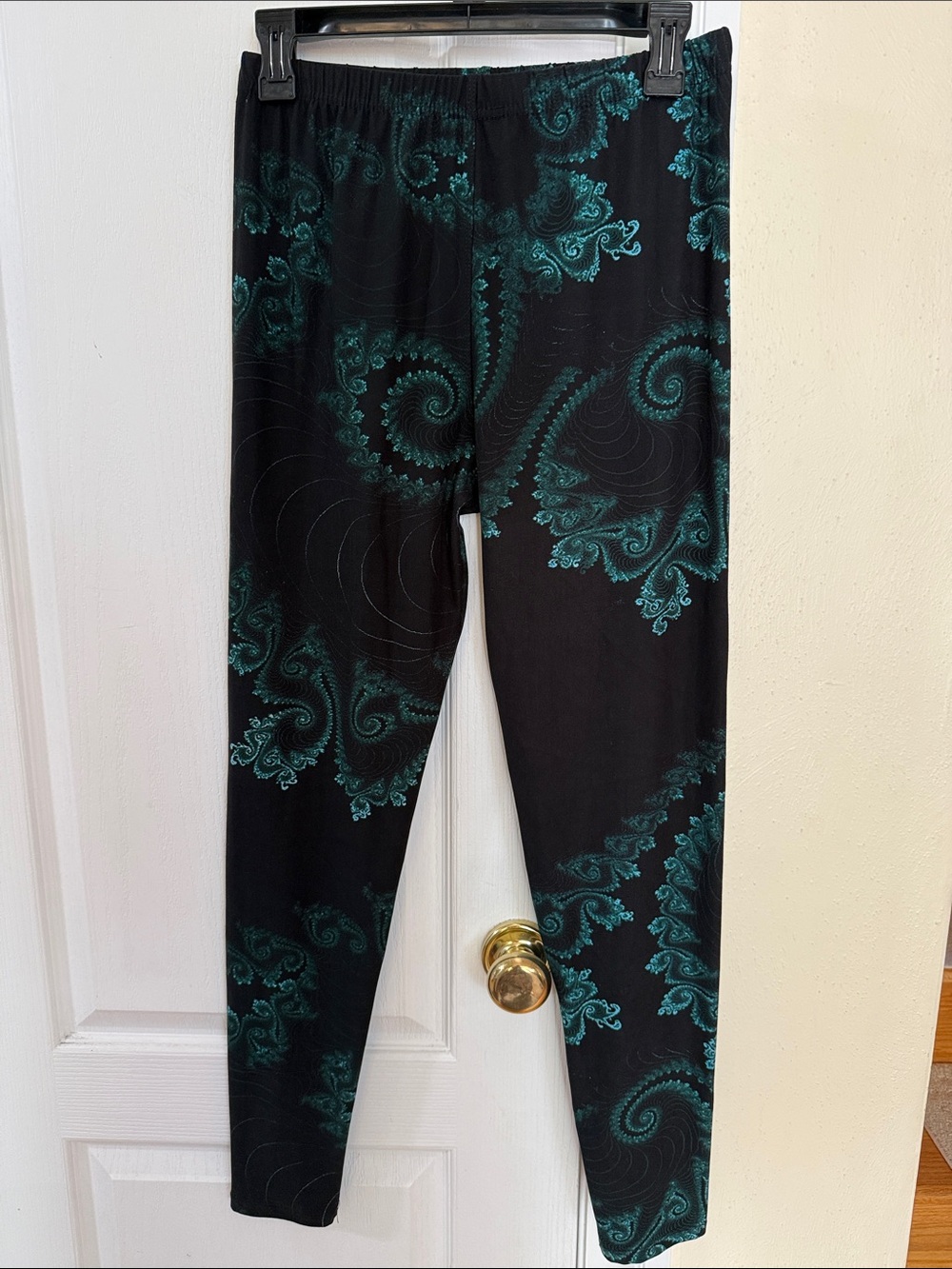 Black Leggings with Teal Paisley Swirl Print